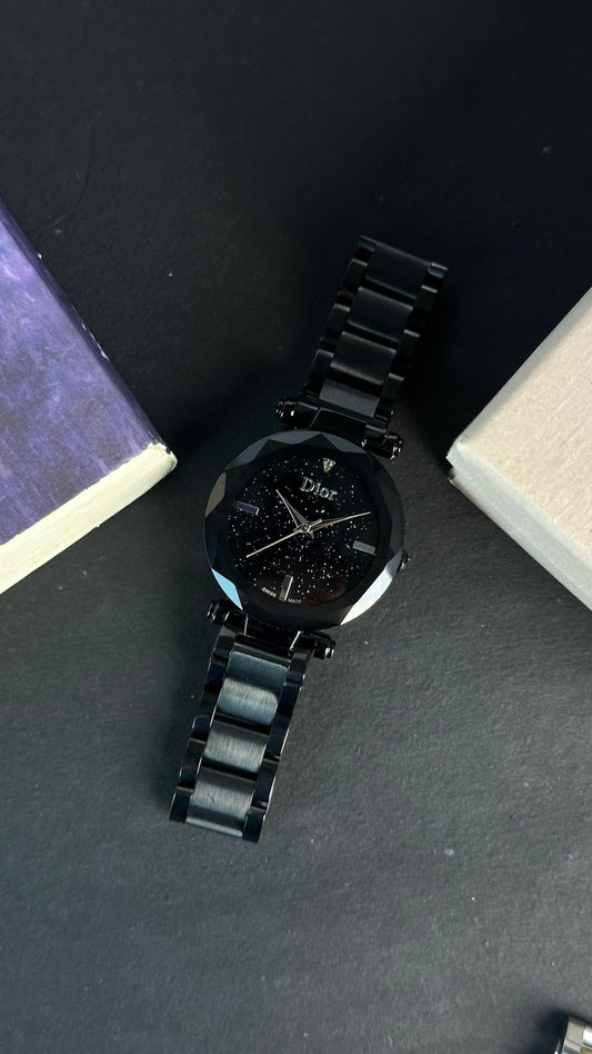 Dior-branded fashion watch with a faceted crystal-style bezel
